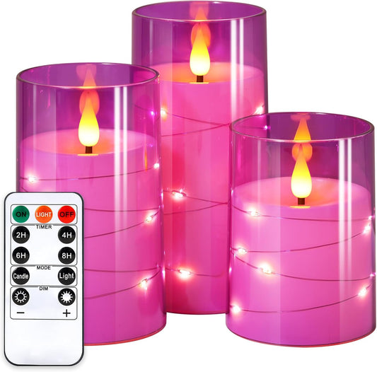 NURADA Flickering Flameless Candles: Built-in Star String Lights 3D Wick Acrylic Battery Operated LED Pillar Candles with Remote and Timer for Table Wedding Centerpieces Party 3 Pack Purple