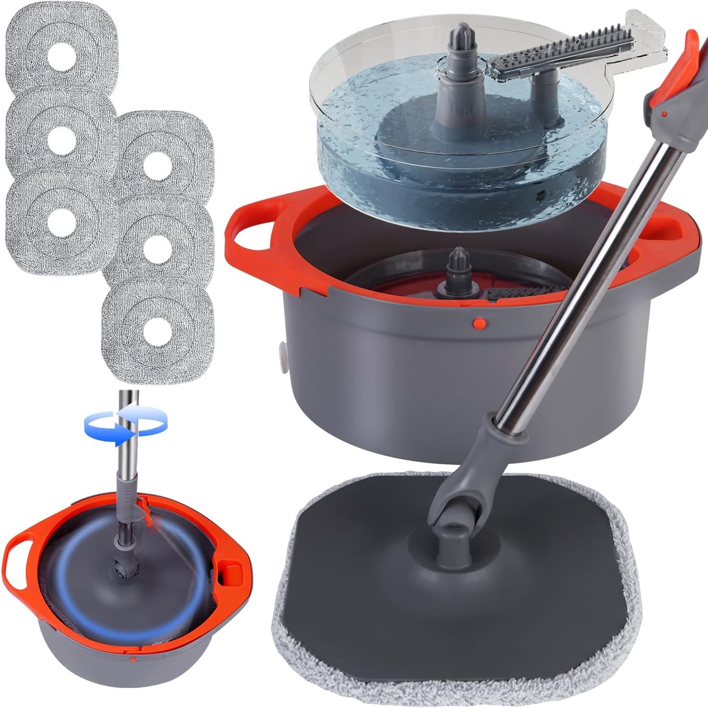 Spin Mop and Bucket with Separate Dirty and Clean Water,360° Spin Mop and Bucket System with Widening Foldable Handle,6 Replaceable Mop Pads,Square Mop for Floor Hardwood Tile Marble Wall Cleaning