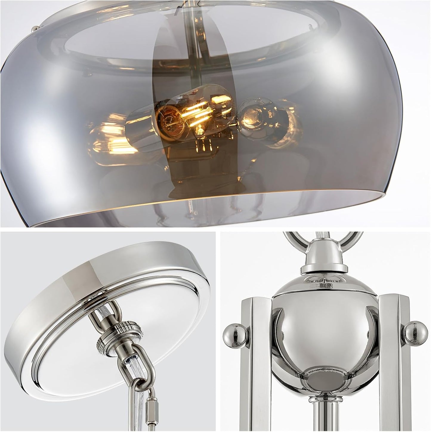 WUZUPS Nickel Chandelier Rustic Farmhouse Industrial Round Ceiling Pendant LED Light Fixture Electroplated Gray Glass Shade for Dining Room Kitchen Island Foyer Entryway, H 20.9" W 15.9", E26 Base