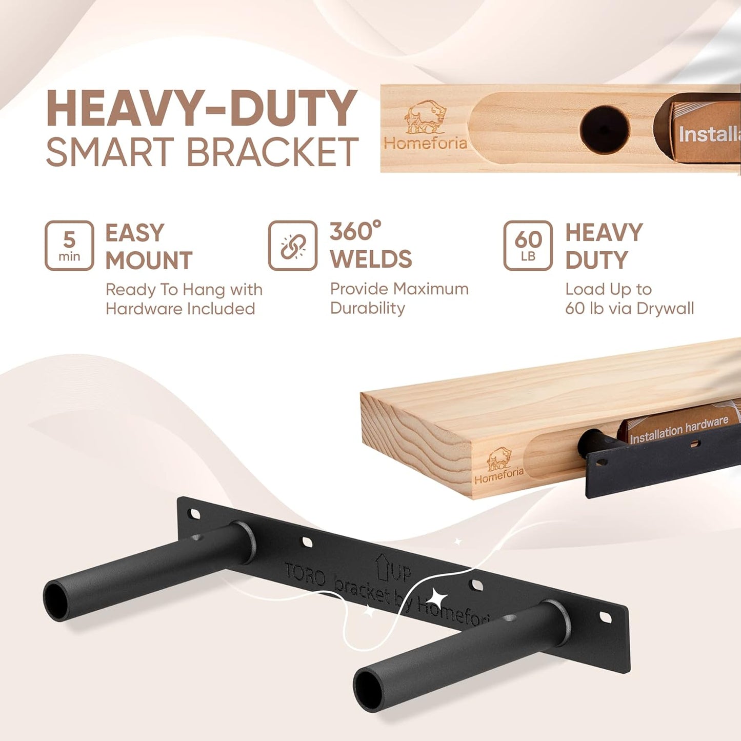 Homeforia 16 inch Natural Floating Shelf, High End Solid Real Wood 16inch Small Floating Shelves for Wall Mounted, Natural Wooden Floating Shelves, Heavy Duty Bracket, 16 X 6.5 X 1.75 in, Set of 2