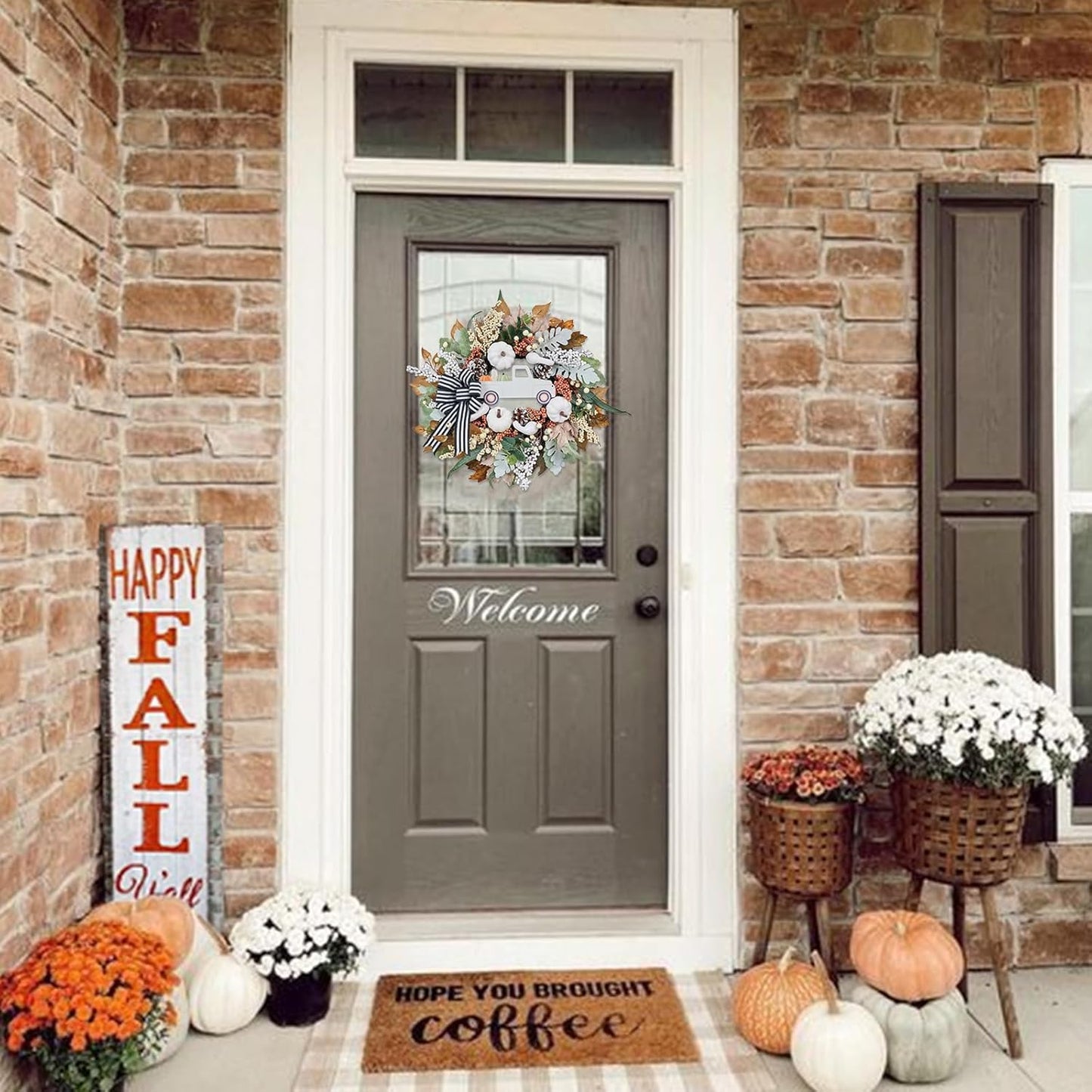 Fall Wreath for Front Door,20 inch White Pumpkin Door Wreath with Truck and Bow, Harvest Porch Decor, Fall Decoration Indoor Outdoor,
