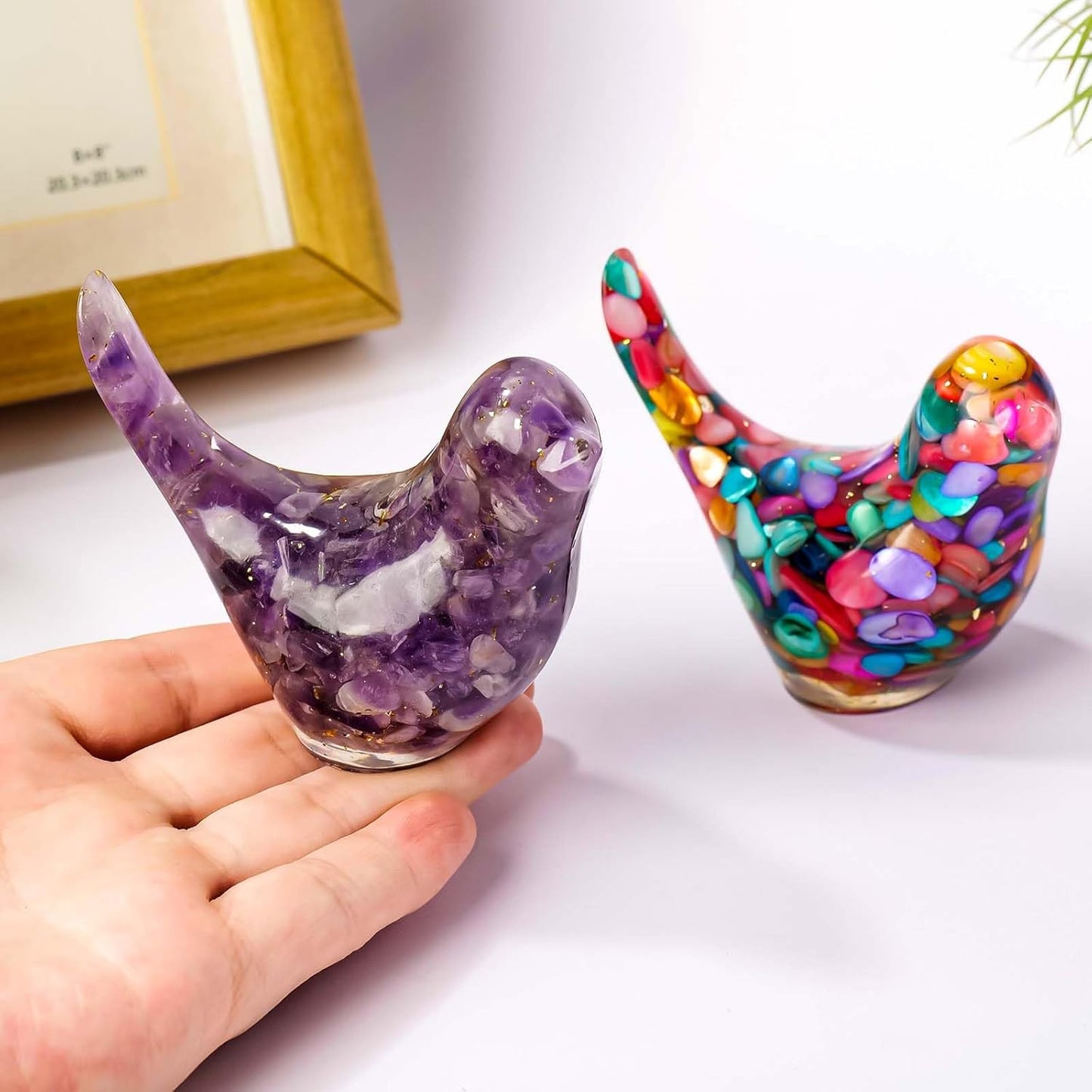 Crystal Bird Figurines, Resin Animal Statues, Miniature Decorative Gravel Birds, Home Decor (2PCS-Purple+Colorful)