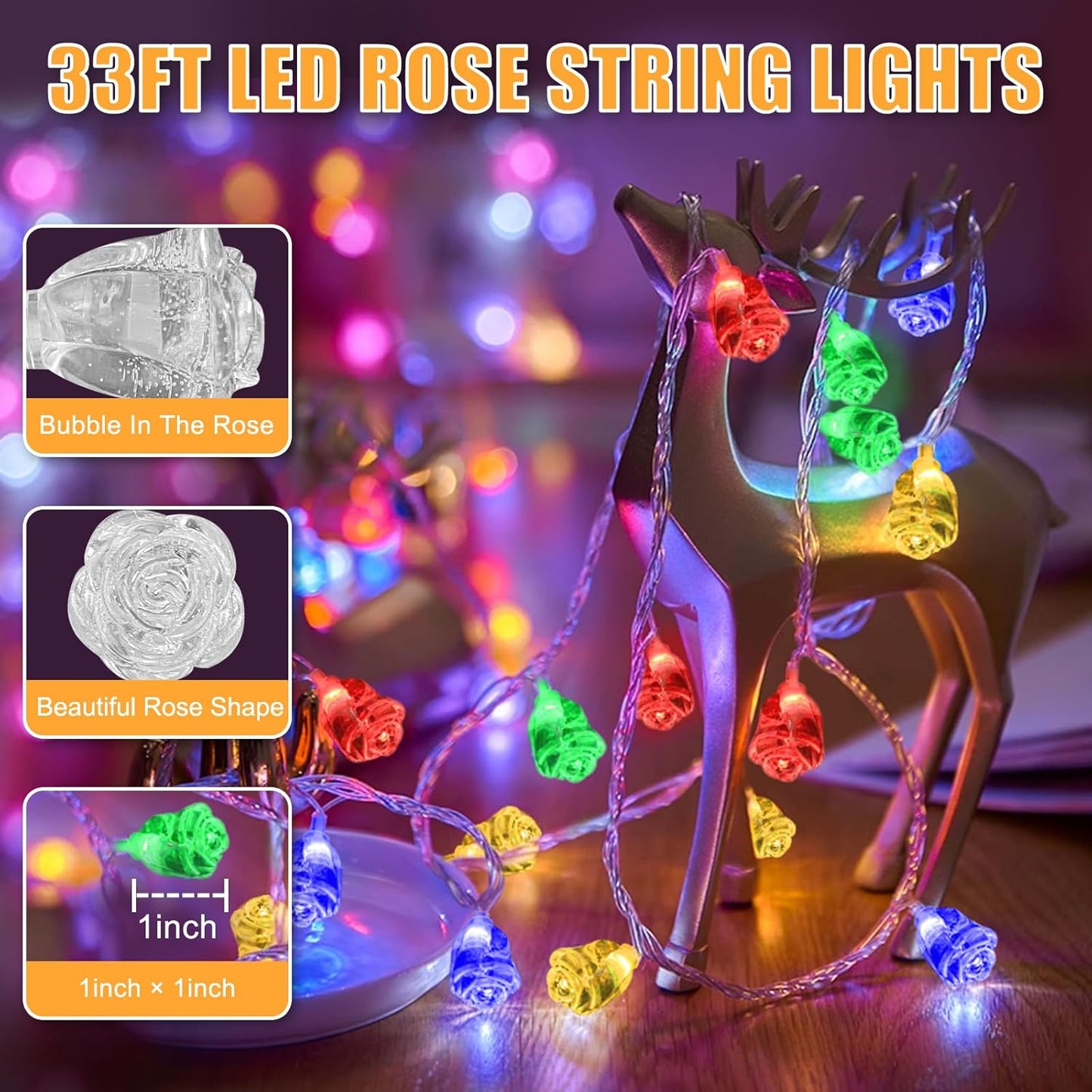 String Lights Indoor, 33 Ft 80 LED Rose Bud Lights, 8 Modes Dimmable & Timeable Fairy Light with Remote, Festival Decoration for Bedroom Living Room Wall, USB Plug, 4 Colors(Red&Yellow&Blue&Green)