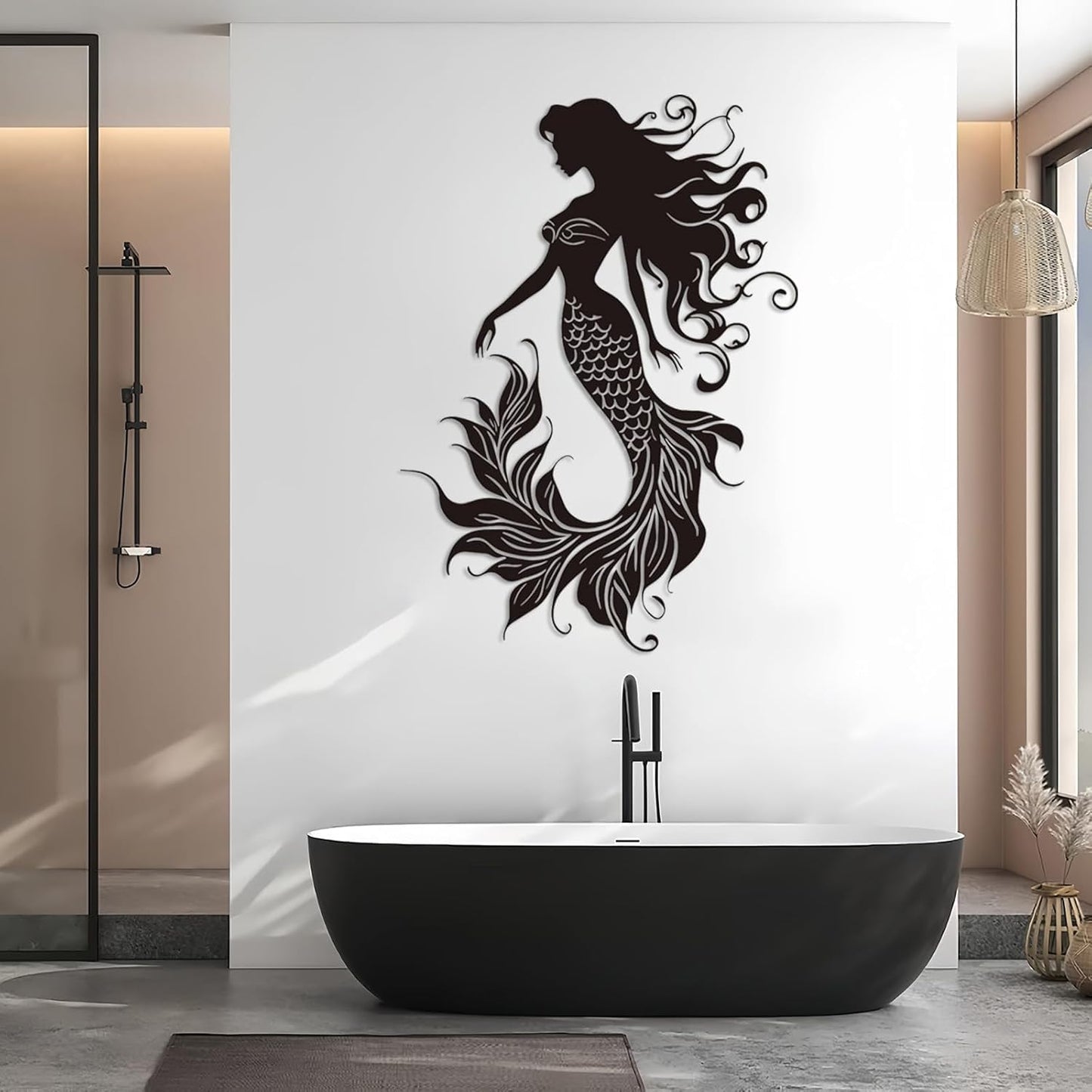 Veplsur Mermaid Metal Wall Art, Metal Mermaid Wall Decor, Marine Biology Wall Decor, Ocean Wall Art, Nautical Wall Hanging, Beach Hanging for Bathroom Bedroom (Black, 53"x38"|135x96cm)