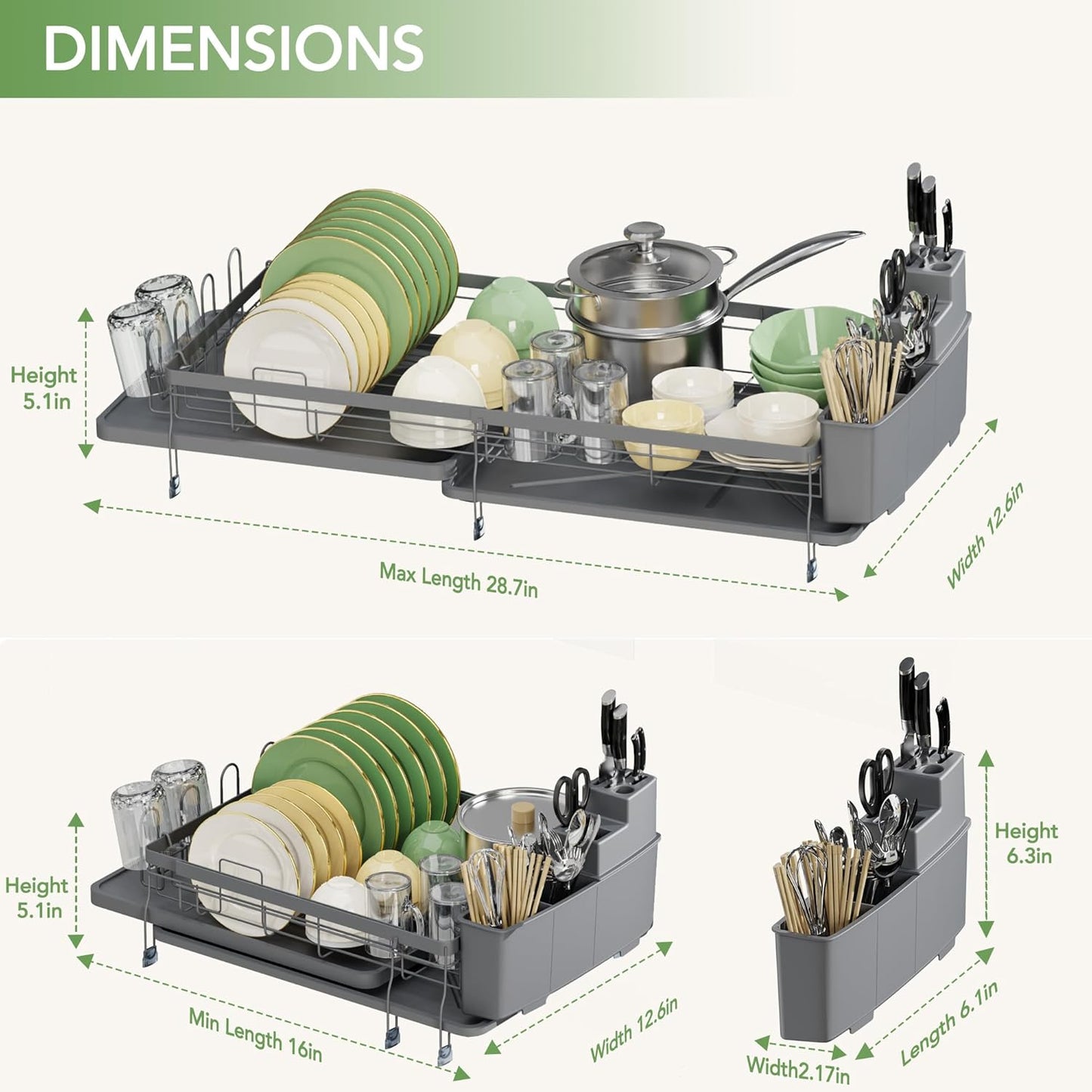 ROTTOGOON Expandable Dish Drying Rack,Multifunctional Adjustable Dish Drainer with Swivel Spout and Anti-Rust Dish Rack with Removable Cutlery & Cup Holders for Kitchen Counter,Dark Grey