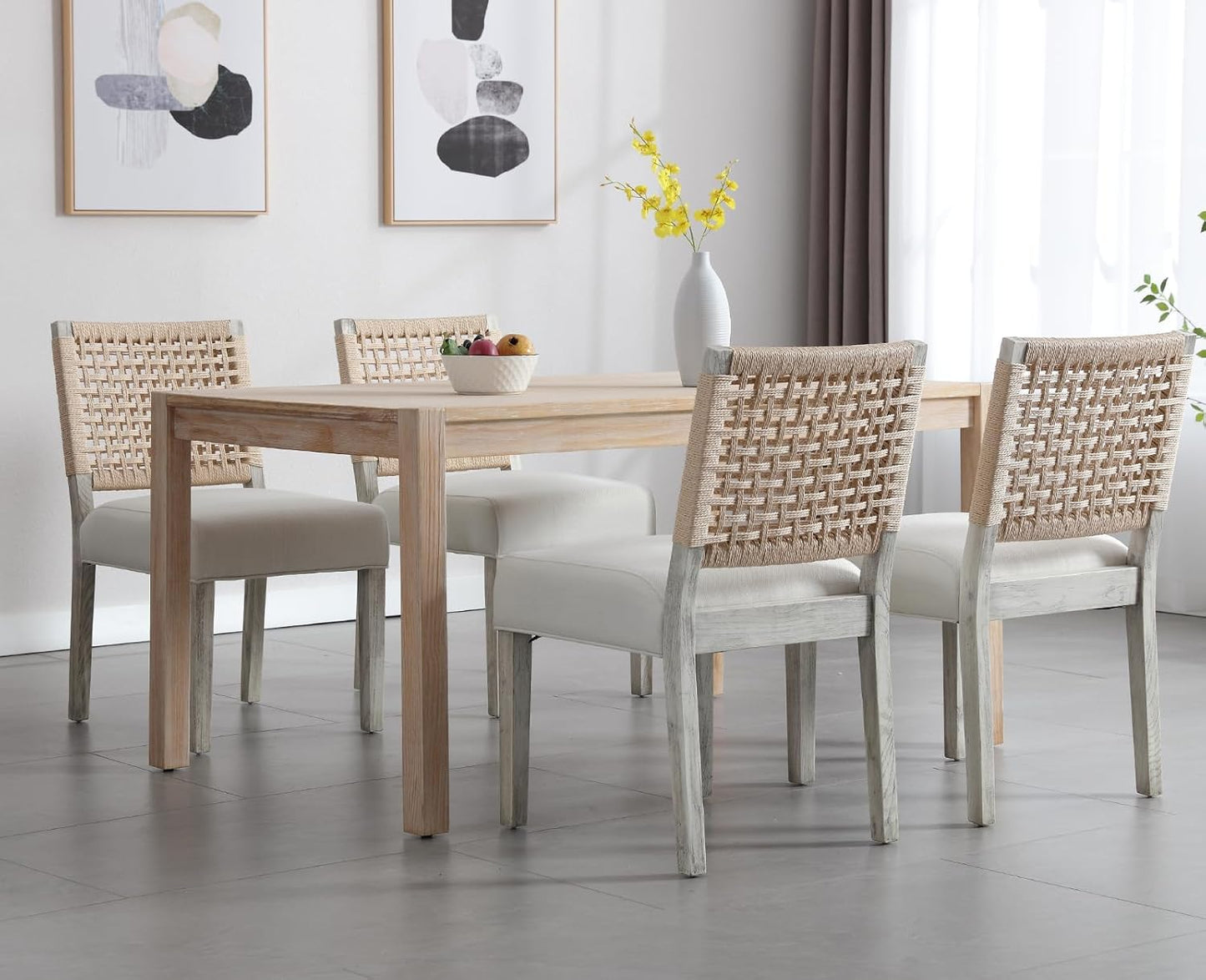 Kmax Farmhouse Dining Chairs Set of 6, Rustic Kitchen Chairs with Linen Fabric Seat and Woven Back, Vintage Accent Chairs for Dining Room, Living Room, Ivory