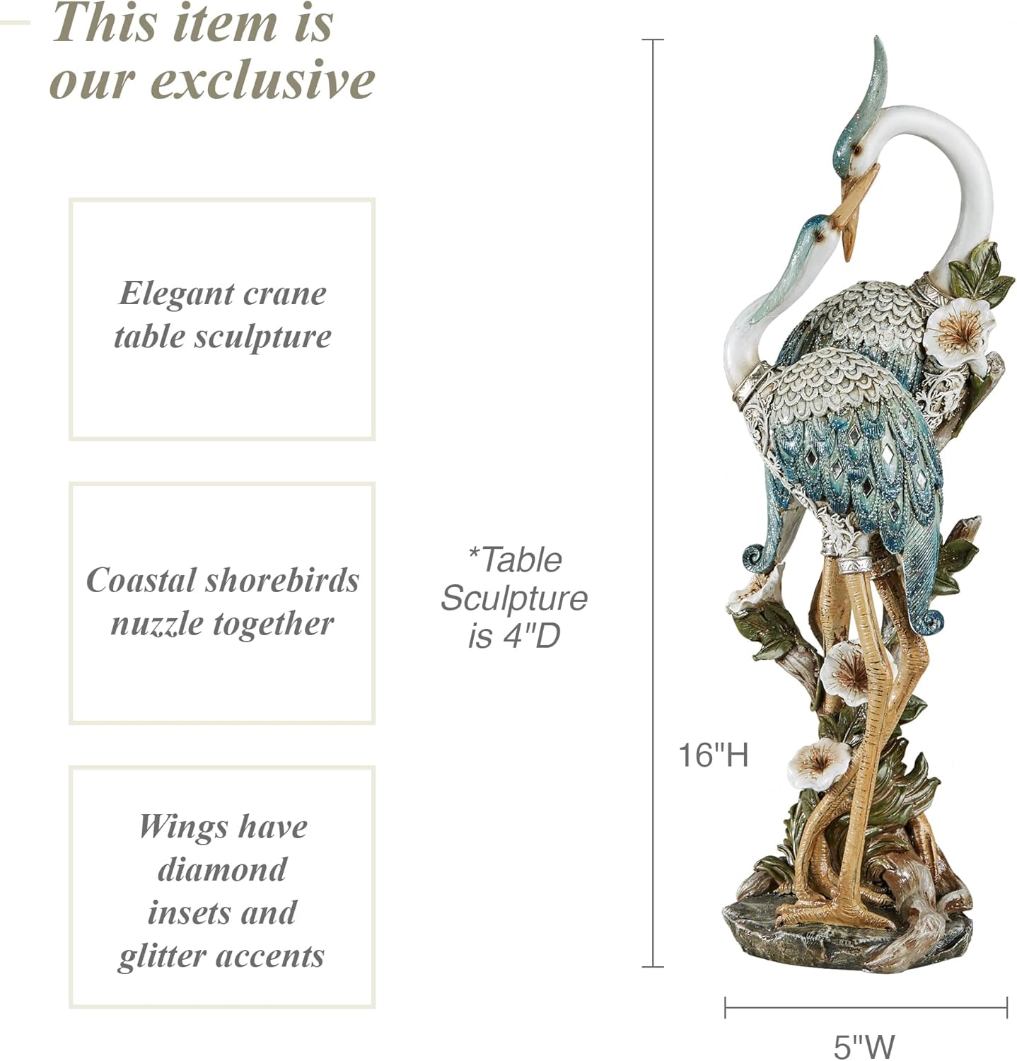 Devoted Cranes Table Sculpture Teal - Made of Resin Coastal Crane Shorebirds - Glitter Accents - Bird Statue - Flowers, Vining Leaves Base - Measures 5 Inches Wide, 16 Inches High