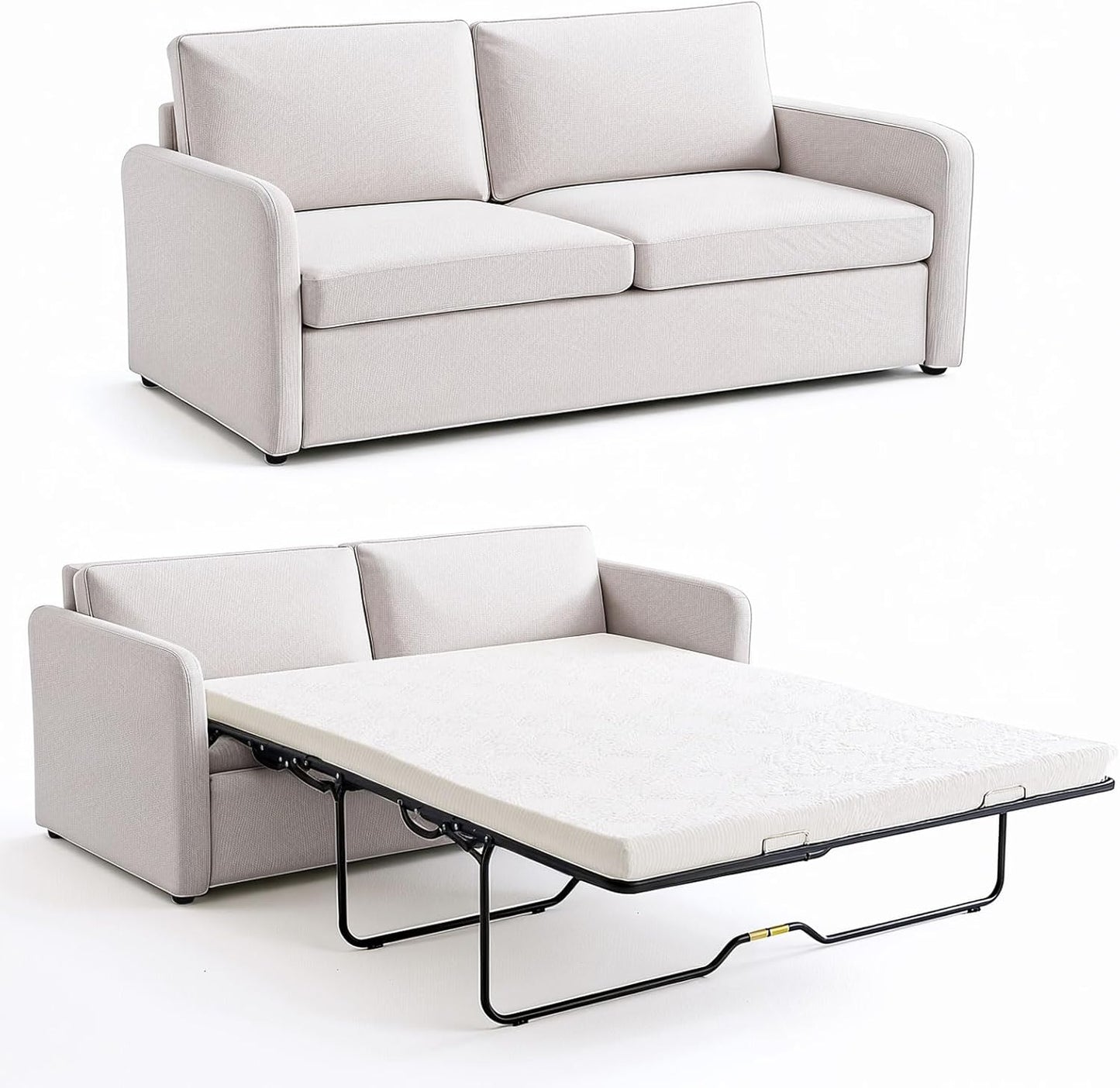 Queen Pull Out Sofa Bed, 2-in-1 Convertible Sleeper Sofa Couch with Memory Foam Mattress, 3-Seater Sofa Bed Queen with Arms for Living Room & Small Spaces, Beige