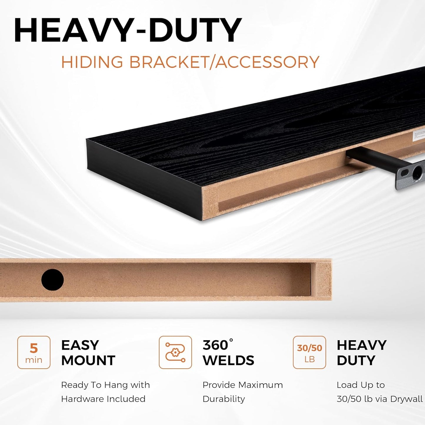 Floating Shelves for Wall, 40 Inch Floating Shelves for Home Decor, Wall Mounted Rustic Wood Shelves, Bathroom, Hanging Deep Shelf for Bedroom, Living Room, Kitchen (Black, Set of 2)