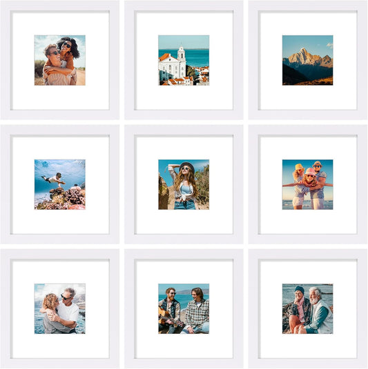 Vittanly 12x12 Picture Frames Set of 9, Shatter Resistant Plexiglass, Display 8x8 Pictures with Mat or 12x12 without Mat, Photo Frames for Wall Mount, Engineered Wood, White