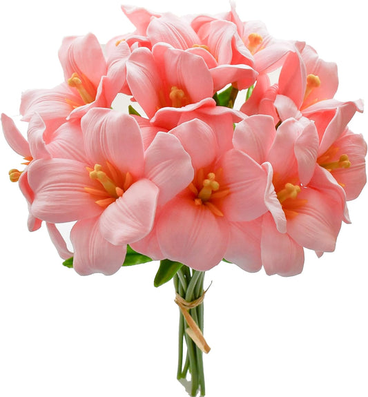 Mandy's Artificial Tulips 12 Stems Pink Fully Bloomed PU Faux Flowers for Wedding Home Decor 13.5 Inch