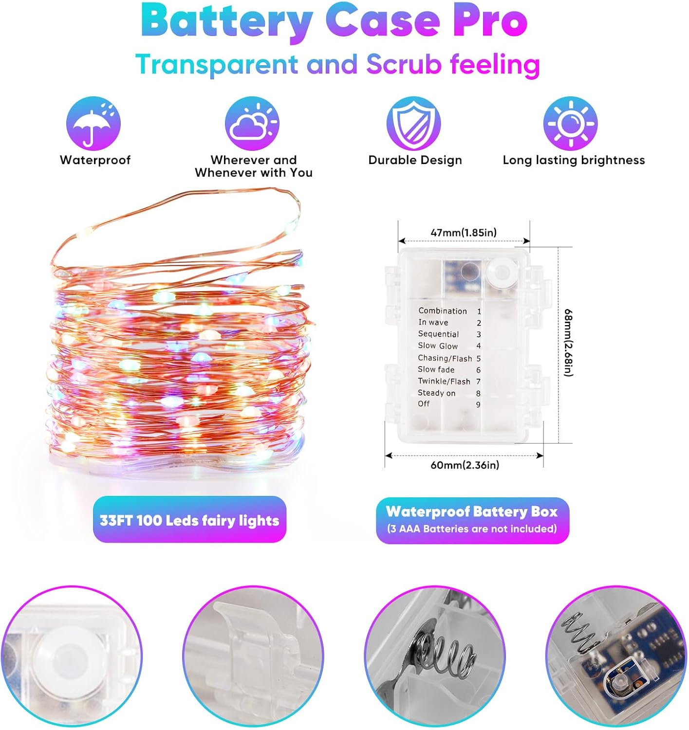 2 Pack 32.8 Ft. Battery Operated Outdoor String Lights with Remote & Timer, LED Multi Color Fairy Lights, Waterproof Twinkle Lights for Bedroom, Dorm, Mason Jar, Wedding, Party, Christmas