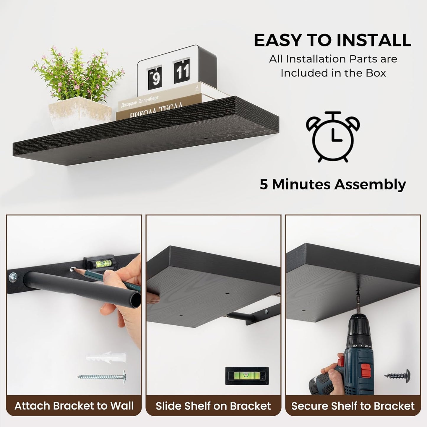 48 inch Floating Shelves for Wall Large Wall Mounted Shelves with Invisible Brackets, Black Long Shelves for Bathroom, Living Room, Kitchen, Office, 48x9.1 inch deep Set of 2