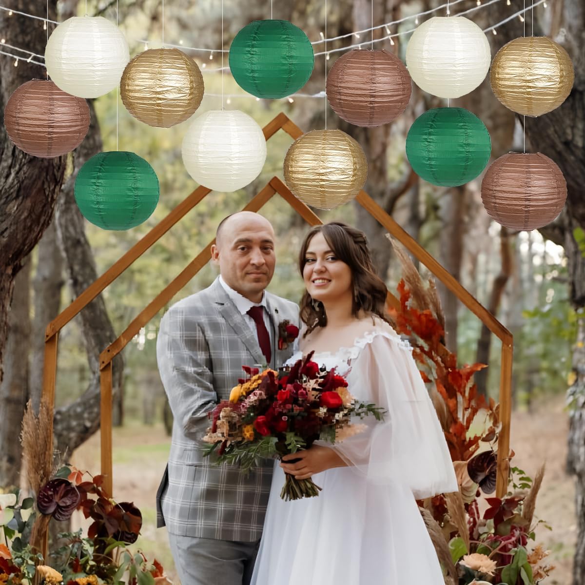 Paper Lanterns Green Brown Gold Round Hanging Chinese Lanterns for Birthday Party Gender Neutral Woodland Baby Shower Decorations Pack of 12