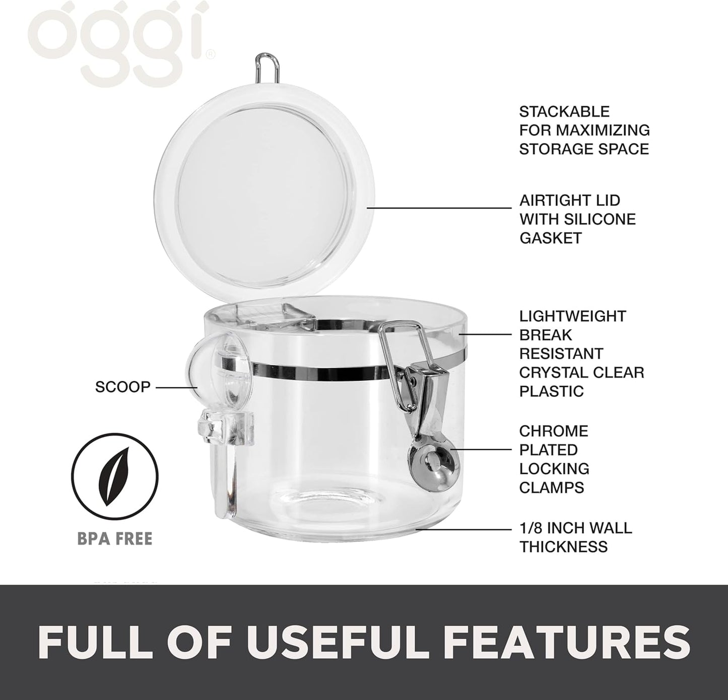 OGGI Clear Canister Airtight 28oz - Clamp Lid & Spoon - Airtight Food Storage Containers, Ideal for Kitchen & Pantry Storage of Bulk, Dry Food Including Flour, Sugar, Coffee, Rice, Tea, Spices & Herbs