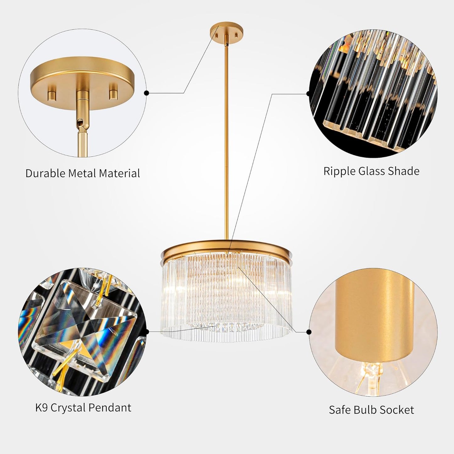 4-Lights Drum Glass Chandelier, Modern Style Light Fixture for Dining Room, Bedroom, Ripple Glass Shade & Brass Finish, D16.5 * H18~48 inch (Adjustable Height)