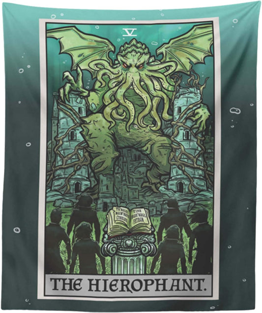Cthulhu The Hierophant Tarot Card Tapestry Wall Hanging H.P. Lovecraft Horror Home Decor Halloween Wall Art (60" x 50")