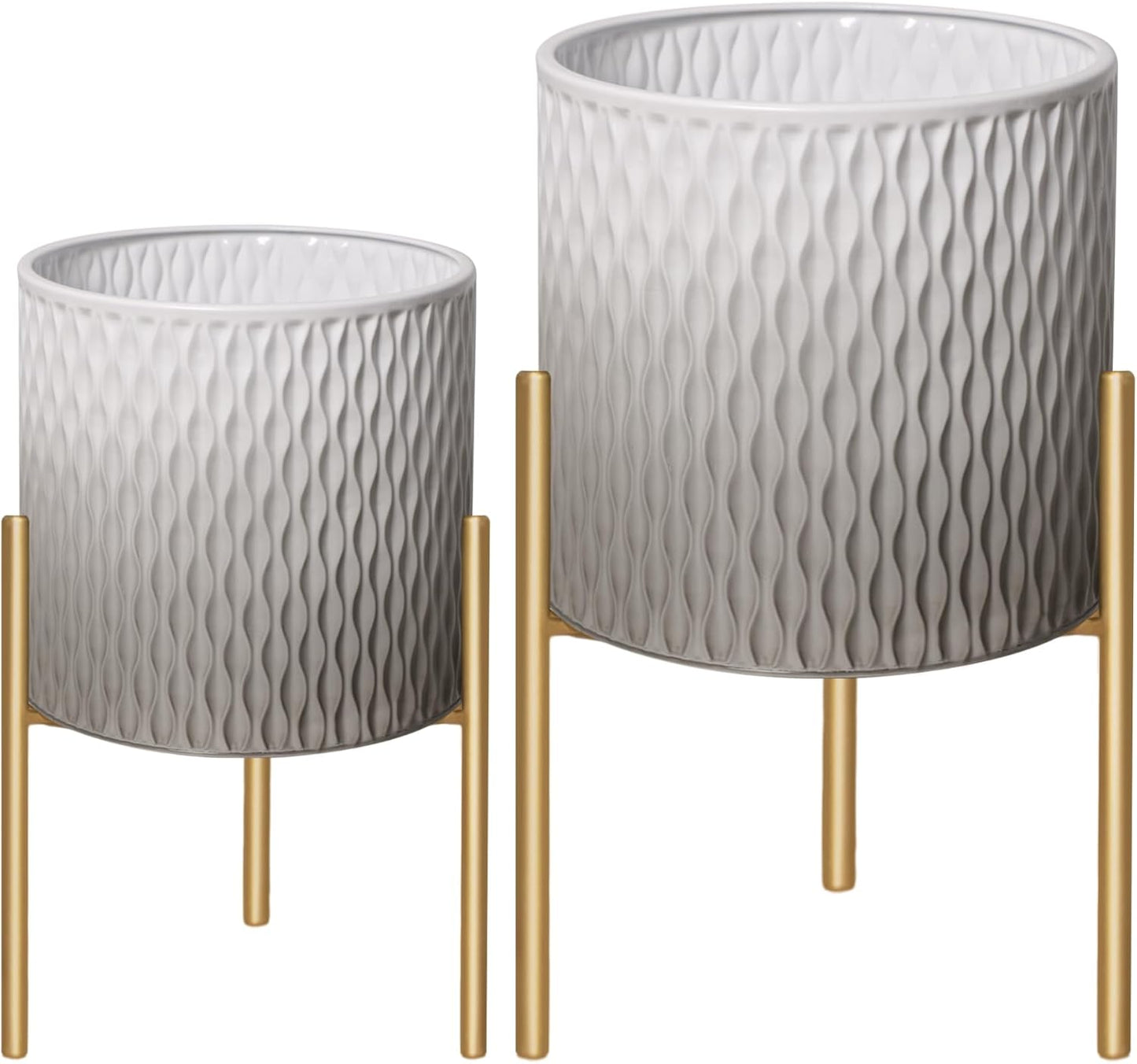 ARNIS Plants Pots with Stand,Set of 2 Flower Pots, Unique Mid Century Decorative Metal Flower Pots with Drainage,10.5&12.25 Inch, Grey and White