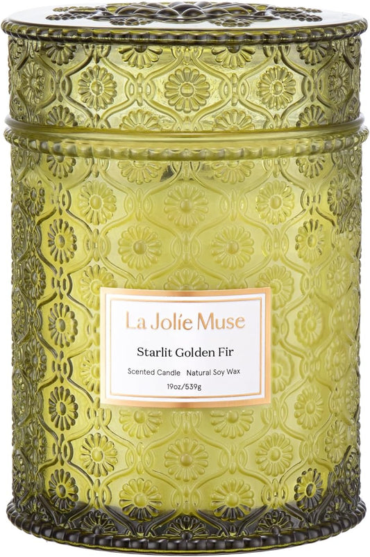 LA JOLIE MUSE Christmas Candles, Starlit Golden Fir Candle – Pine, Cedarwood, Fir Balsam | 19 oz Large Wooden Wick Candle | Natural Soy Wax | 90 Hours Clean Burn | Gift-Ready for Hosts & Gatherings