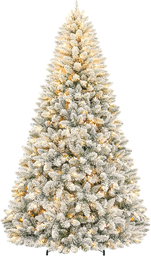 Hykolity 7.5 ft Snow Flocked Christmas Tree, Artificial Christmas Tree with 450 Warm White Lights, 1446 Tips, Metal Stand and Hinged Branches