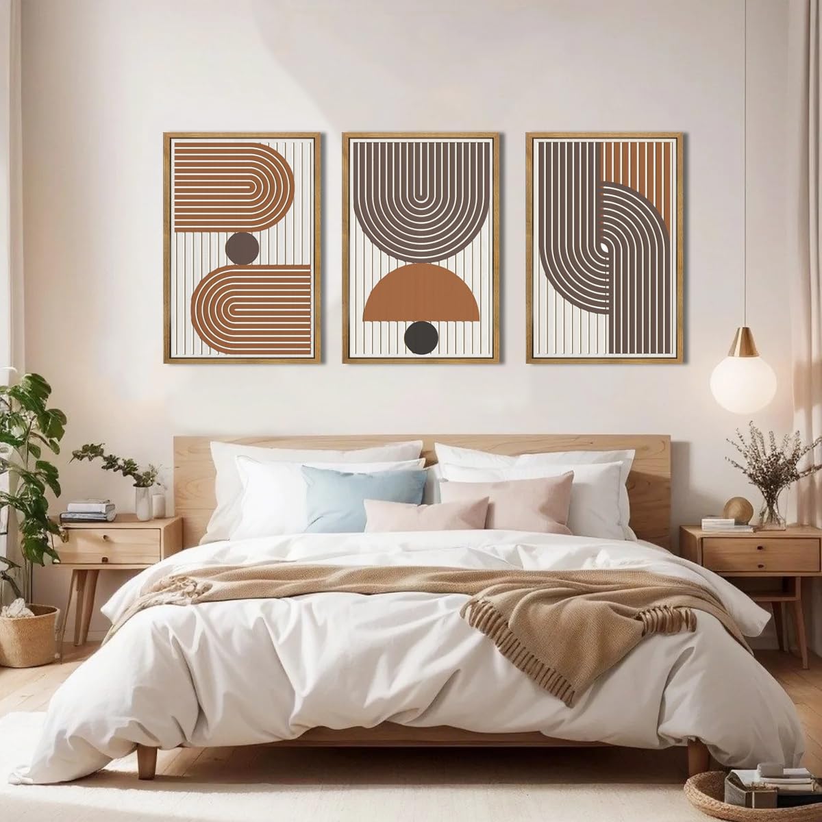 Mid Century Boho Modern Wall Art Set Abstract Geometric Wooden Wall Decor Minimalist Line Neutral Artwork Mid Century Wood Art Decor for Living Room Bedroom Office-16x24Inch x3
