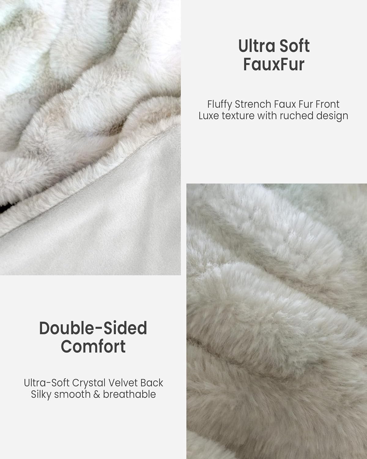 Faux Fur Blanket, Throw Blanket for Couch, Fluffy Blanket with Stretch Ruched Design, Ultra Soft Giftable Home Decor, 50x60 inches, Tie-Dyed in White and Gray