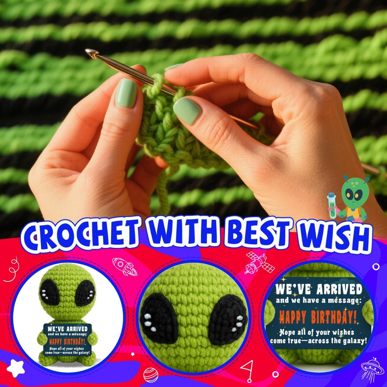 Cute Crochet Alien Plush Toy Unique Birthday Gift for Boys Girls Friends Man Women Handmade Alien Stuffed Animal Funny Space Theme Present for Kids, Teens Sci-Fi Fans
