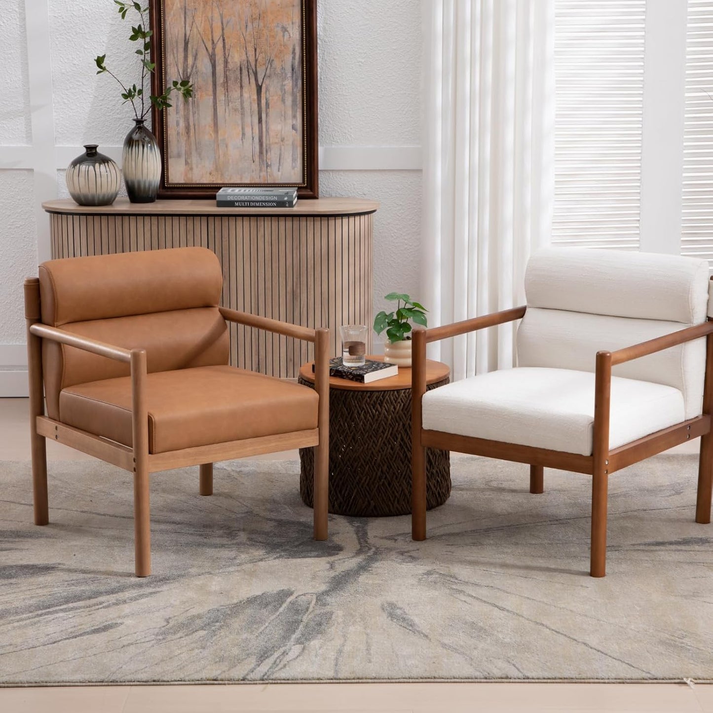 Modern Living Room Chairs Set of 2, White Upholstered Accent Chairs with Channel Tufted Back, Brown Wood Lounge Reading Arm Chairs, Linen Fabric Side Sitting Chairs for Guest Room, Balcony