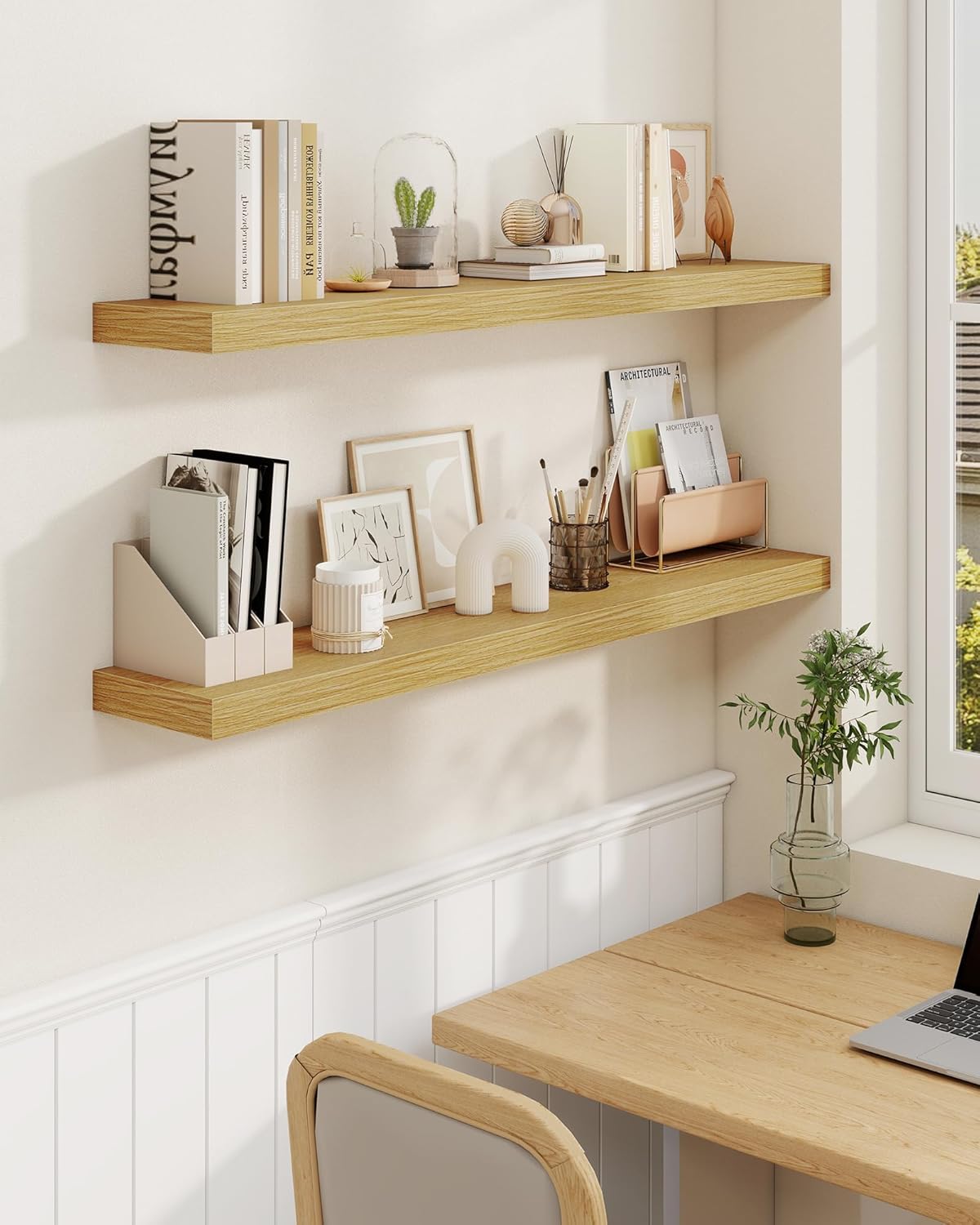 Marsmiles 30" Floating Shelves for Wall, Wooden Shelves with Invisible Brackets Set of 2, Rustic Farmhouse Wall Mounted Shelf for Kitchen Bathroom Living Room Study, Natural Oak