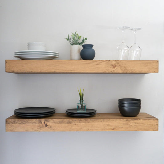 Modern Floating Shelves 3 Inches Thick for Wall, Wide Shelves for Kitchen, Living Room, Bedroom, and Bathroom, Natural Pine Wood, Rustic Wooden Shelf, (Set of 2) (Aged Oak, 24Lx3Hx6D)