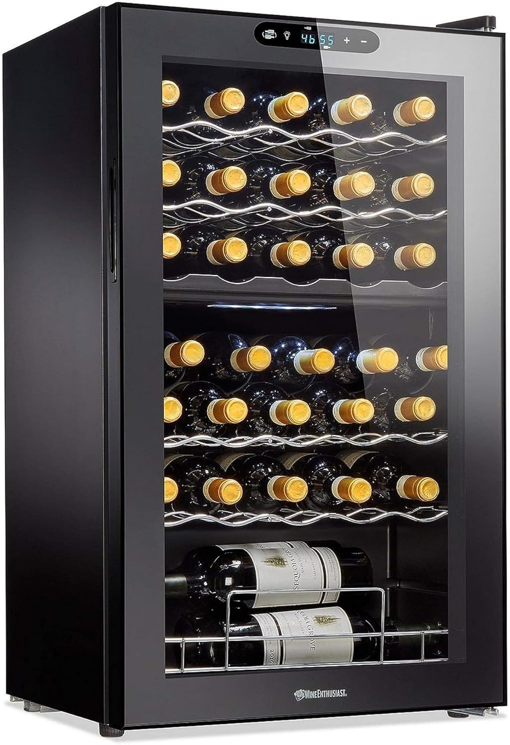 Wine Enthusiast 32-Bottle Dual Zone MAX Compressor Wine Cooler – Freestanding Mini Fridge with Digital Touchscreen, LED Display, Split Storage for Red & White Wines, Matte Black Refrigerator Home Bar