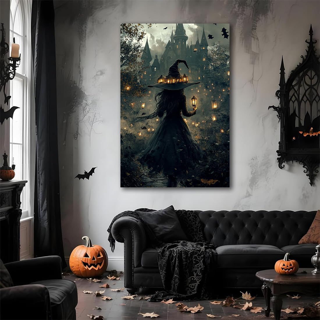 Halloween Witch and Haunted House Canvas Wall Art,Dark Academia Scary Witch Castle Posters Prints,Thriller Horror Gothic Wall Decor Pictures for Halloween Party House Decoration,12"x18" Framed