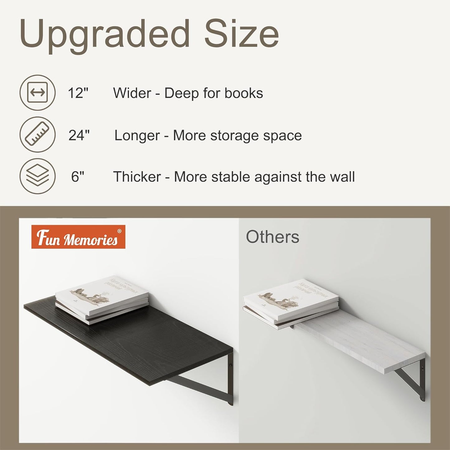 Deep Floating Shelves, 12 Inch Deep Floating Shelves for Wall, 24"W x 12"D Wall Shelves for Books, Rustic Black Wooden Shelves, Large Wide Display Shelf for Bathroom, Living Room, Bedroom, Set of 2