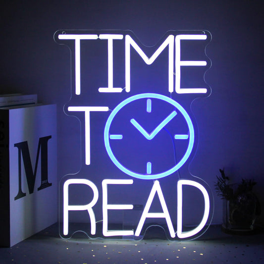 Time To Read Neon Sign Read Books Neon Light White Letter LED Signs Blue Clock Neon Read Light Up Sign for Bedroom Classroom Library Reading Corner Bookstore Decor