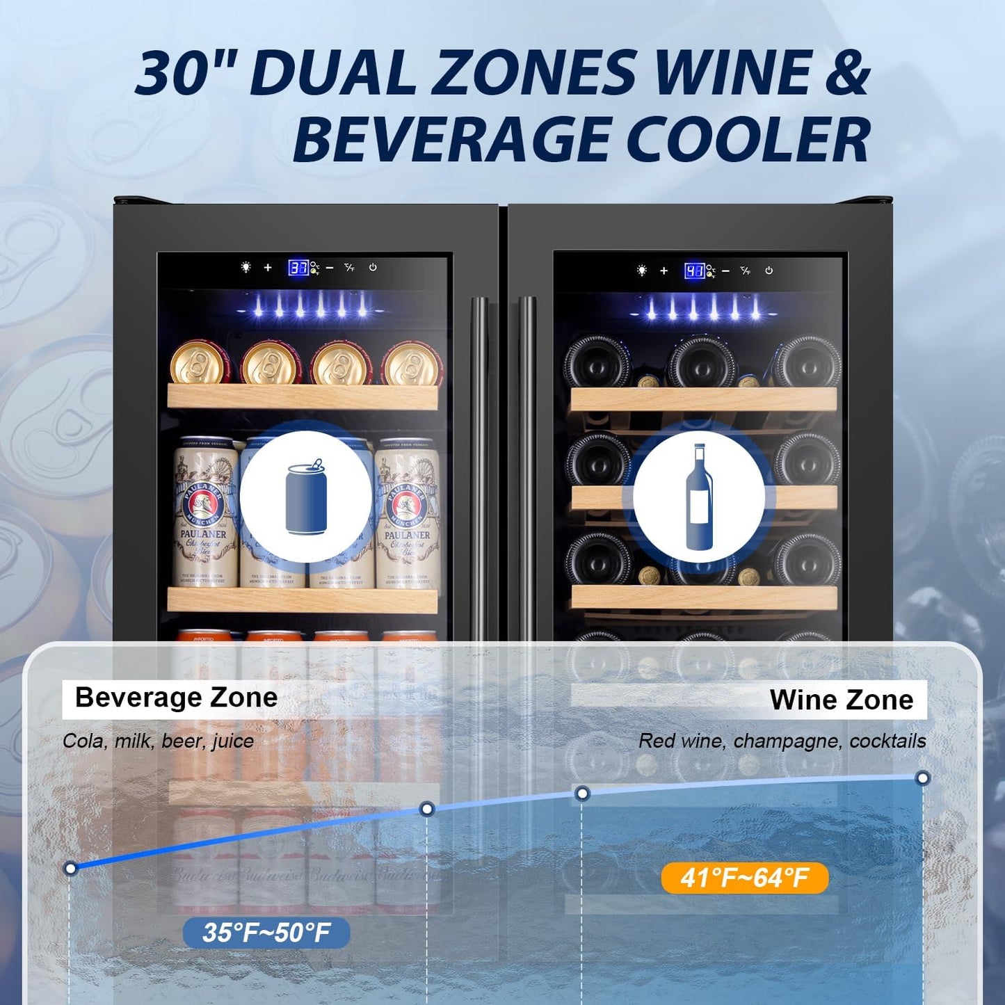 Tylza 30 Inch Wine and Beverage Refrigerator, Dual Zone Wine Beverage Cooler 30" with French Door, Under Counter Wine Beer Fridge Built-In or Freestanding, Holds 29 Bottles and 110 Cans, Black