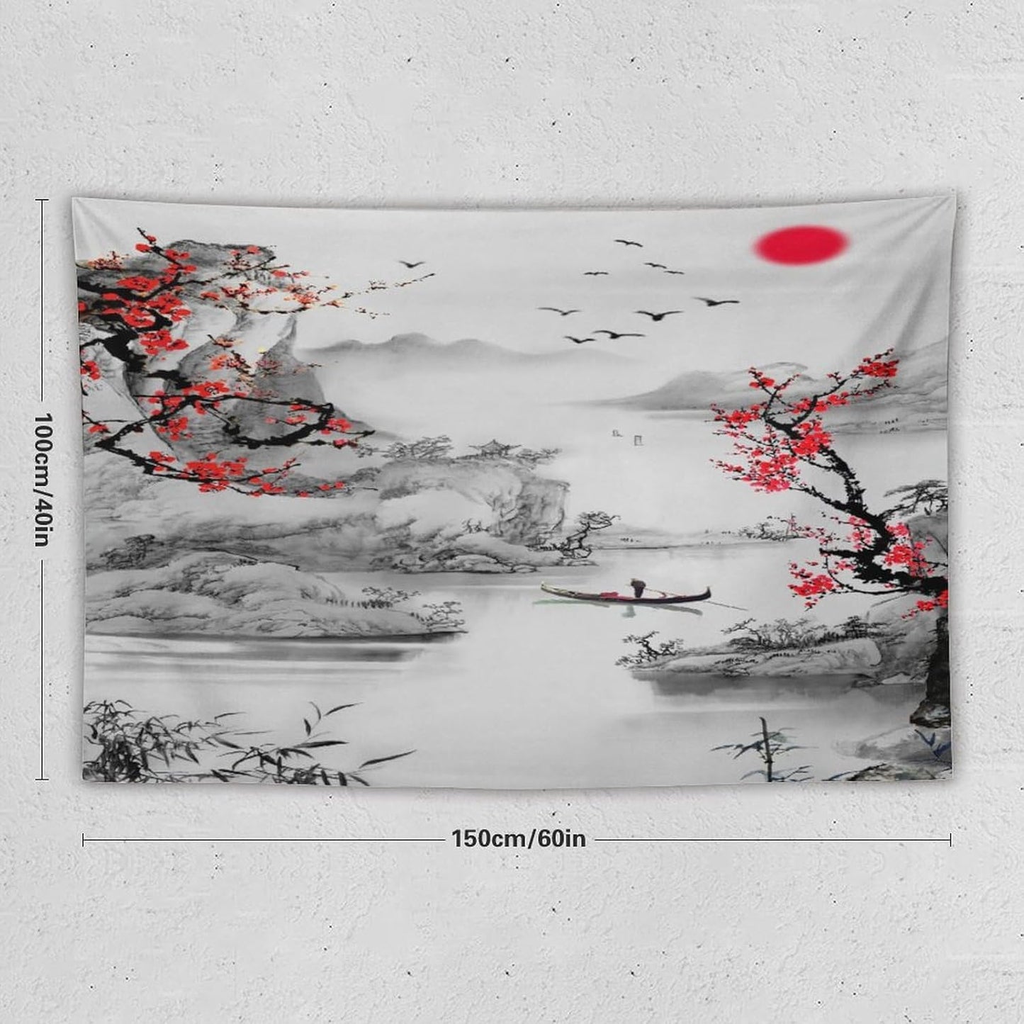 Cherry Blossoms Tapestry, Japanese Red Landscape Watercolor Abstract Art, Asian Japanese Wall Tapestry, Nature Landscape Tapestries for Bedroom Living Room Decor 60"x40"