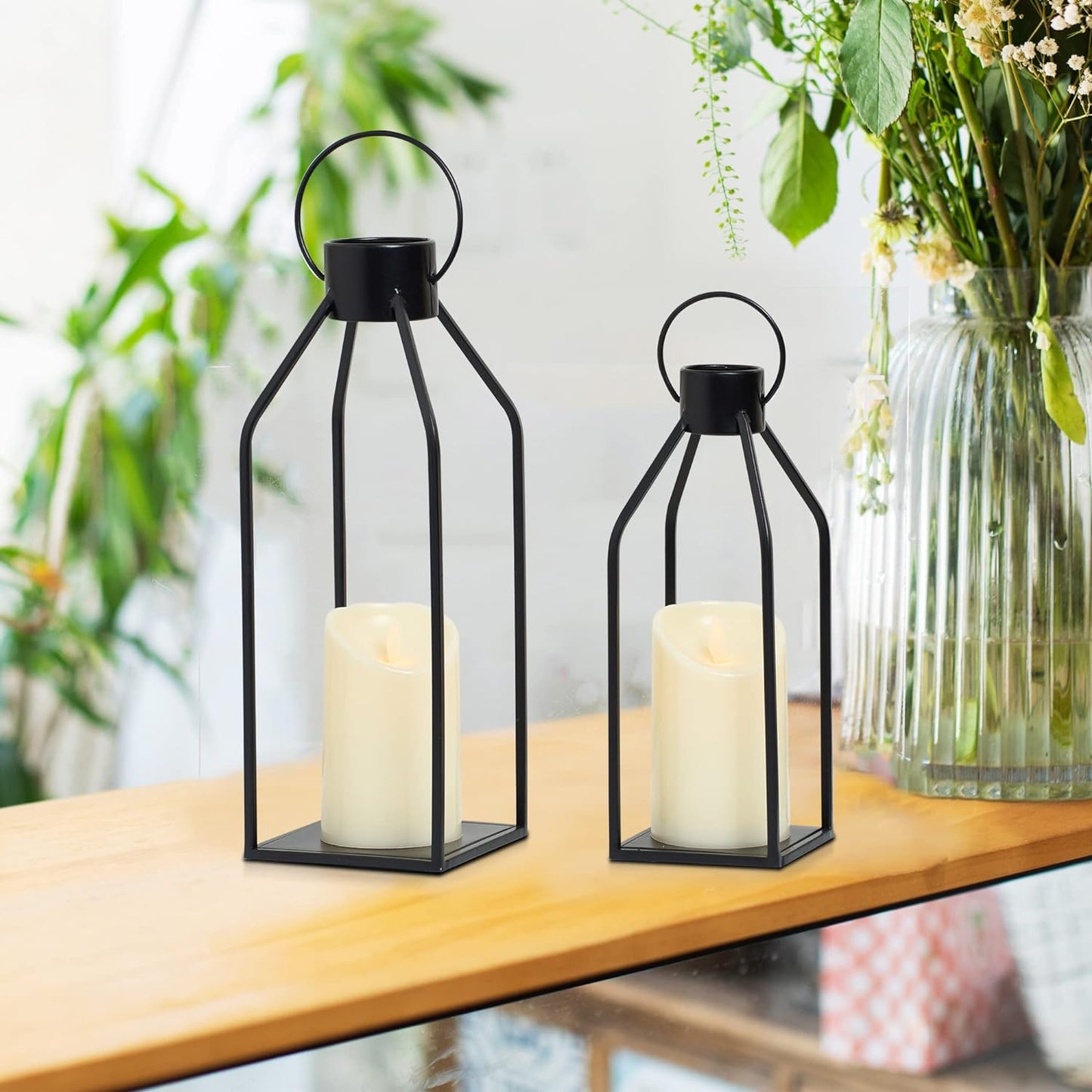 HPC Decor Modern Farmhouse Lanterrn Decor- Black Metal Candle for Summer Night- Lanterns w/Timer Flickering Candles for Living Room,Home,Indoor, Outdoor,Table,Fireplace Mantle Décor