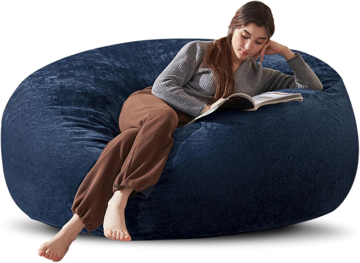 Bean Bag Chair 6Ft, Memory Foam Filled, Large Beanbag Chairs for Adults and Teens, Soft Sofa with Removable Flannel Cover, Round Couch for Living Room Bedroom College Dorm (Blue, 6FT-67×67"×24")