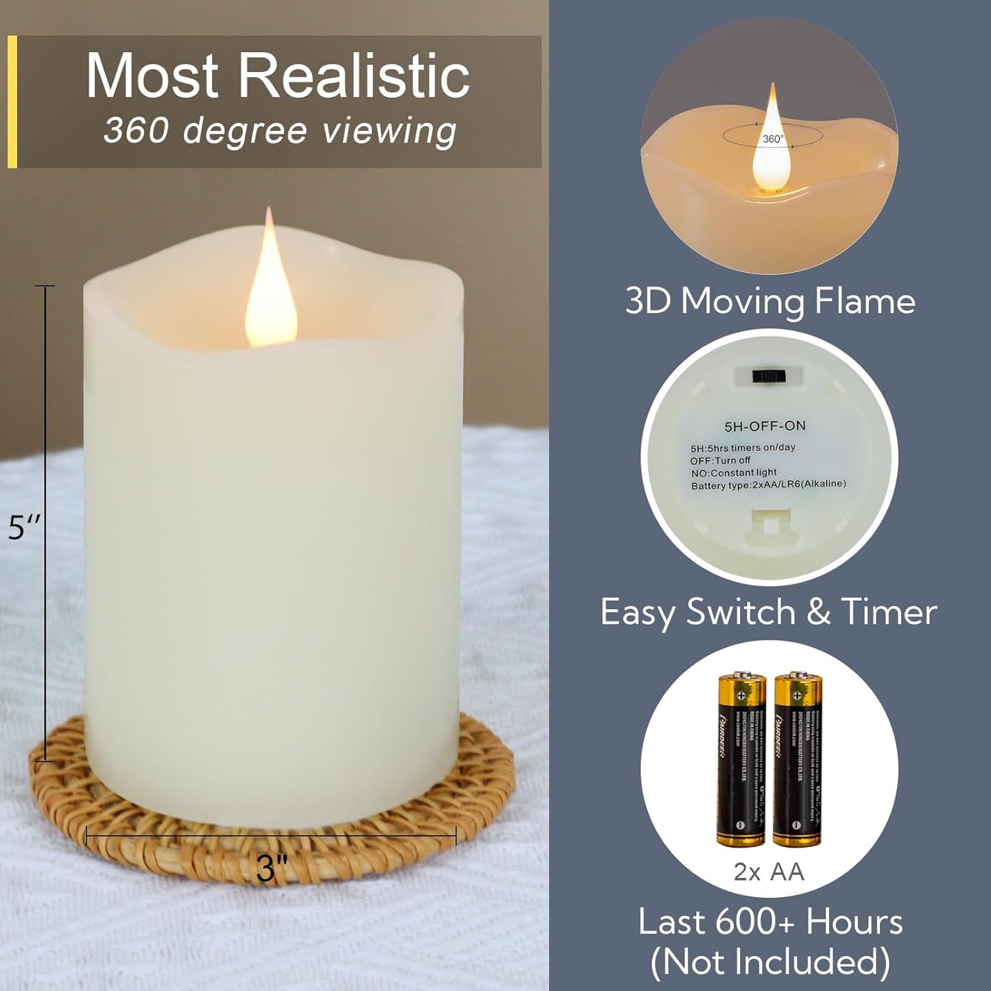 Flameless Candles Battery Operated with Remote Timer, 3D Moving Flame Flickering, Last 600+ Hours Battery Candles, 3" x 5" Ivory Real Wax Electric LED Candle for Wedding Party, Set of 2