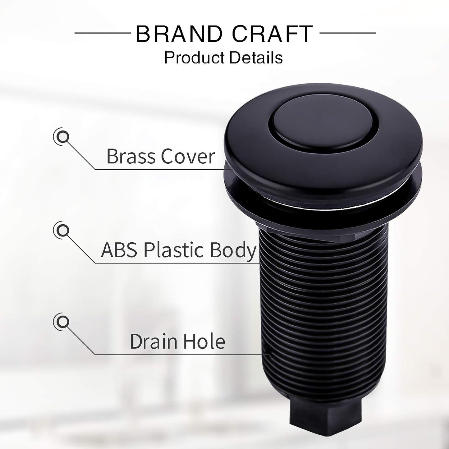 Garbage Disposal SinkTop Air Switch Kit with Long Button,Brass Made Cover,UL,Matte Black