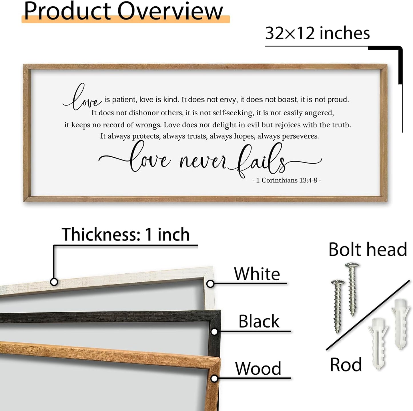 SRSZHIYUE Love is Patient Kind Sign Wall Decor Art 32"×12" 1 Corinthians 13 4-8 Master Bedroom Christian Wood Framed Large Wall Hanging (Wood)