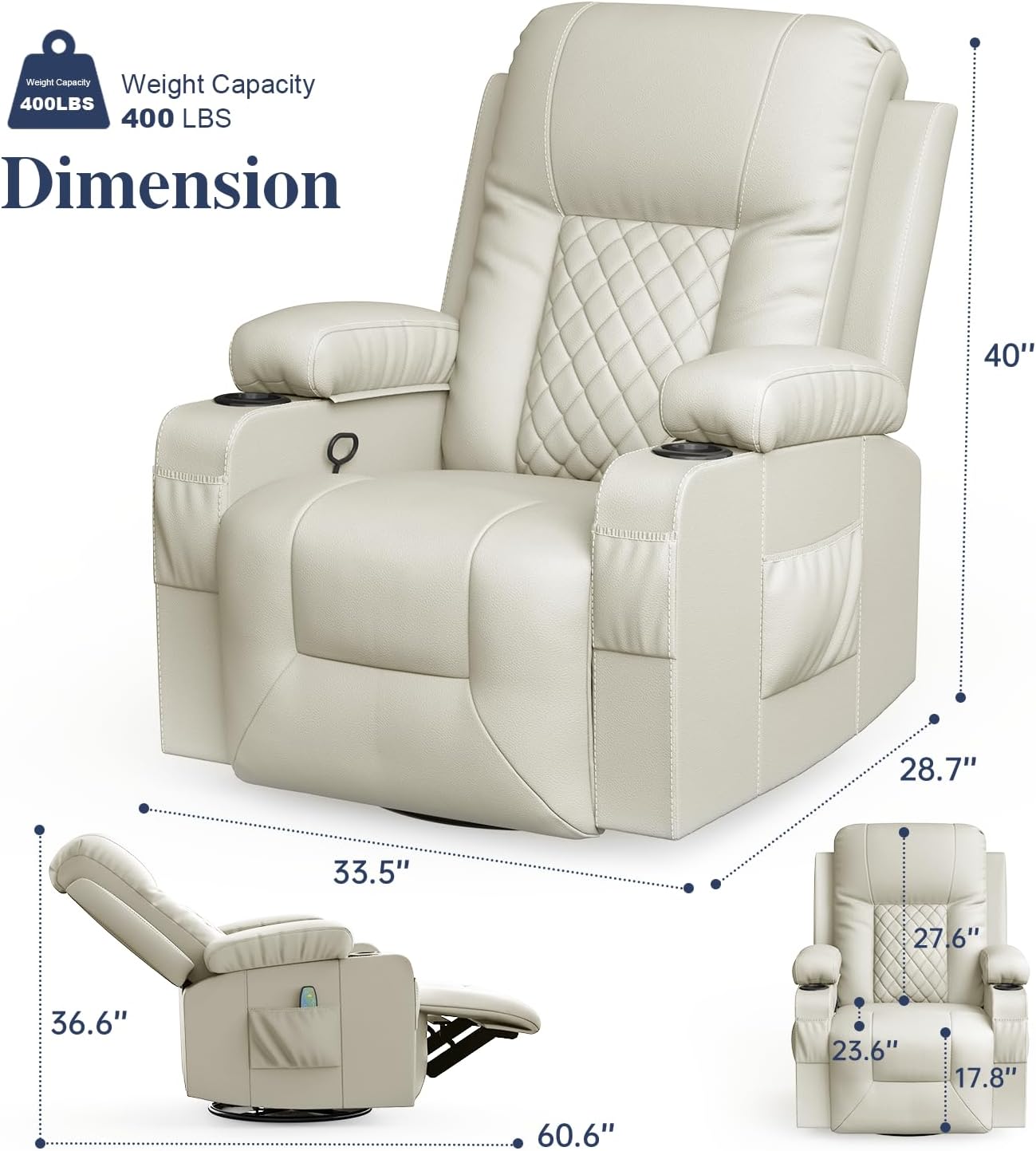 Recliner Chairs for Adults, Massage Rocker with Heated Modern Ergonomic Lounge 360 Degree Swivel Single Sofa Seat Living Room Lounge Recliners Ivory White