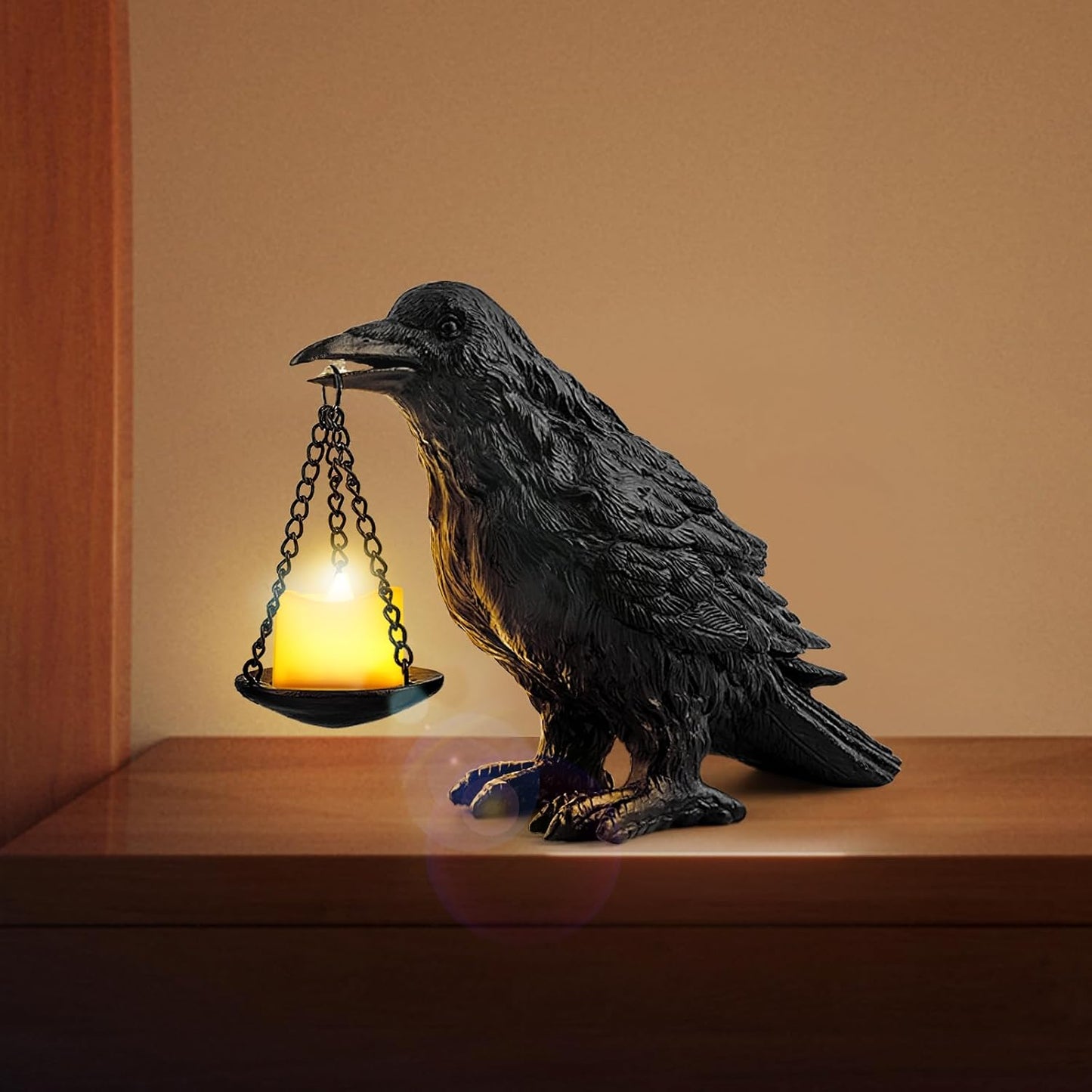 Gothic Home Decor Fake Crow Light Holder Halloween Decorations Indoor Raven Lamp Tealight Candle Holder Resin Statue Black
