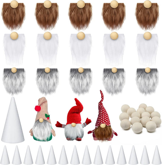 Sosation 60 Pcs Gnomes Beard Sets Faux Fur Pre Cut Gnomes Beard Foam Cone Foam Handmade Wood Balls for Halloween Christmas Day Crafts(Grey, Brown, White)