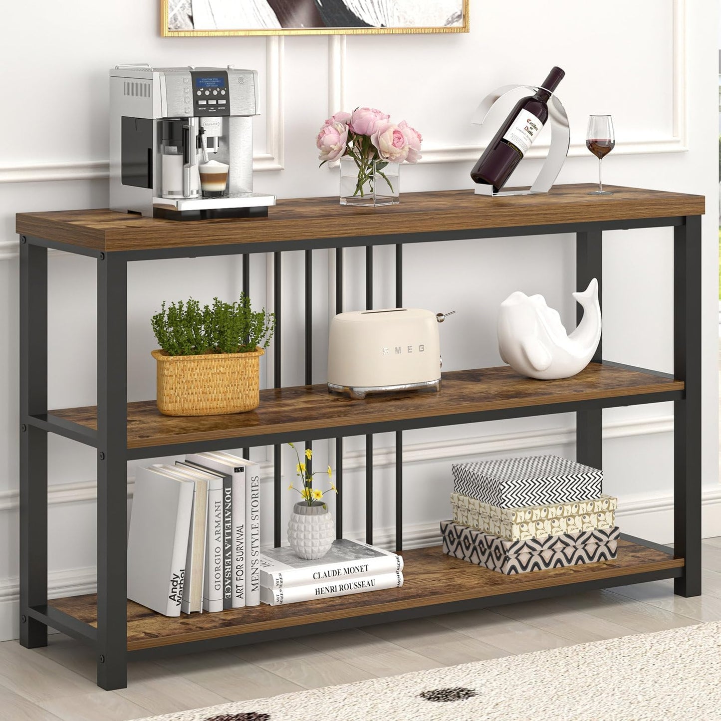 FOLUBAN Industrial Console Table, 3 Tier Entryway Table, Sofa Foyer Table for Living Room Hallway Behind Couch, Rustic Brown