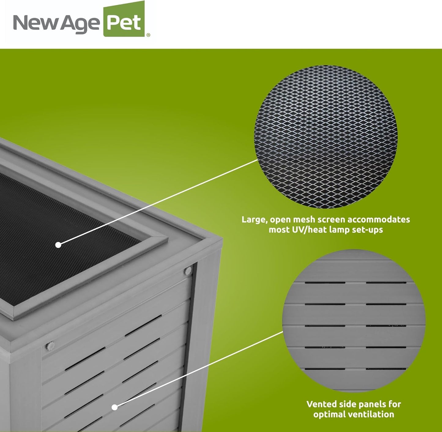 New Age Pet ECOFLEX 24-Inch Mojave Reptile Lounge in Grey - Durable Wood Plastic Composite Habitat with Ventilated Side Panels, Removable Sliding Glass Doors, and Mesh Screen Top