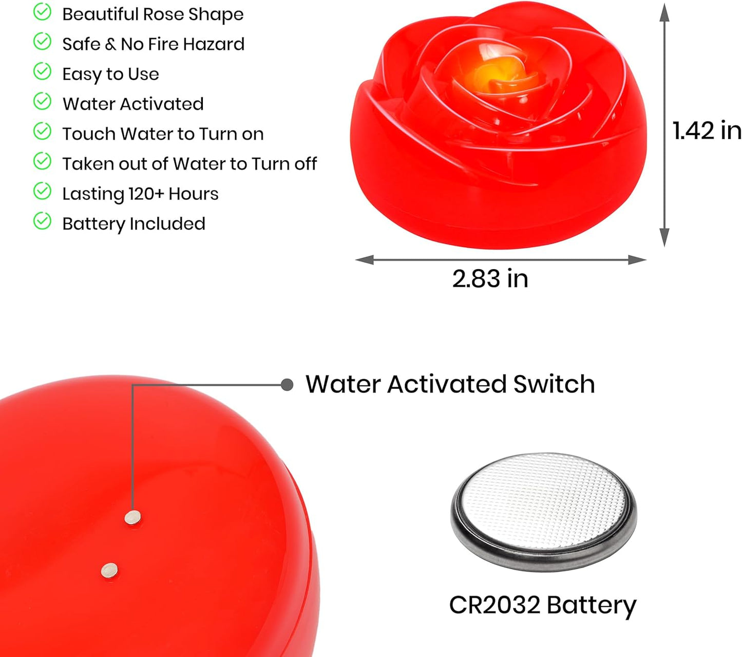 Aignis 12pcs Flameless LED Floating Candles, Red Rose Plastic Tealights Battery Operated, 120+ Hours Glow Time, Cozy Light for Romantic Pool/Bathtub/Hot Bath/Wedding Centerpiece Decor(D2.83 * H1.42)