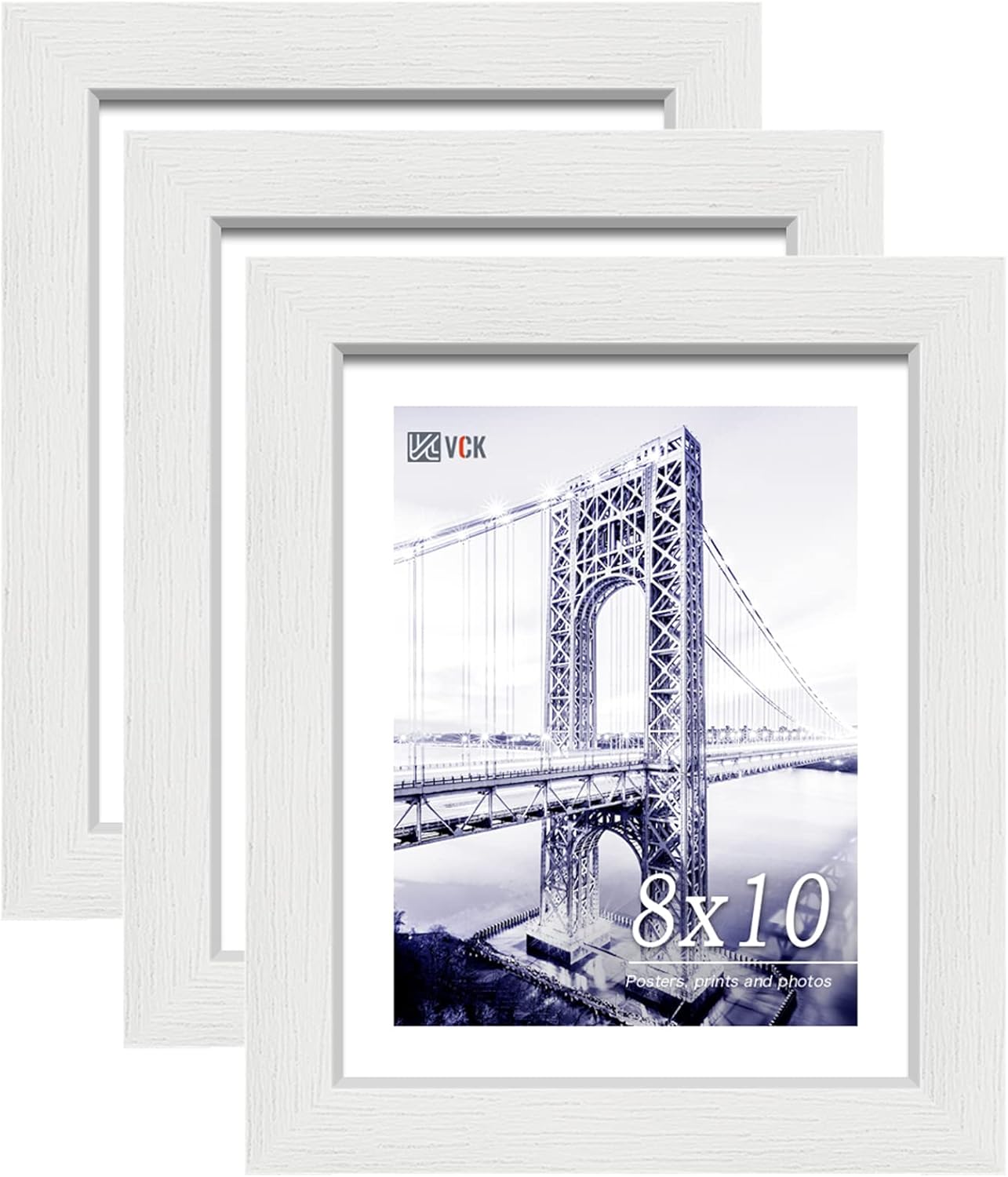 VCK 8x10 Picture Frames Set of 3, White Solid Wood Picture Frame, Textured Exclusive Wall Gallery Frame