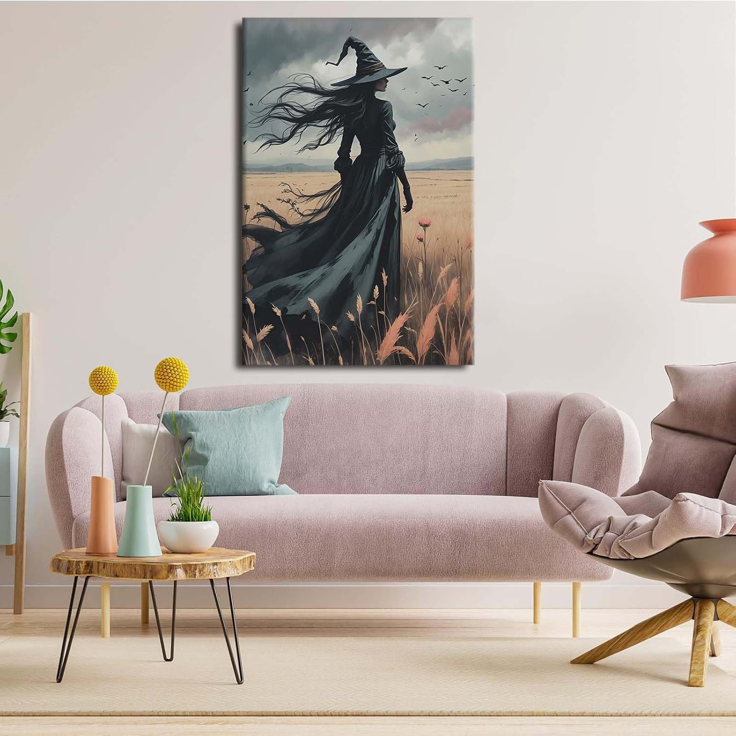 Gothic Decor Canvas Wall Art Witch in Rice Field Halloween Art Decor Print Nature Print Victorian Home Bedroom16x24in Wood Framed