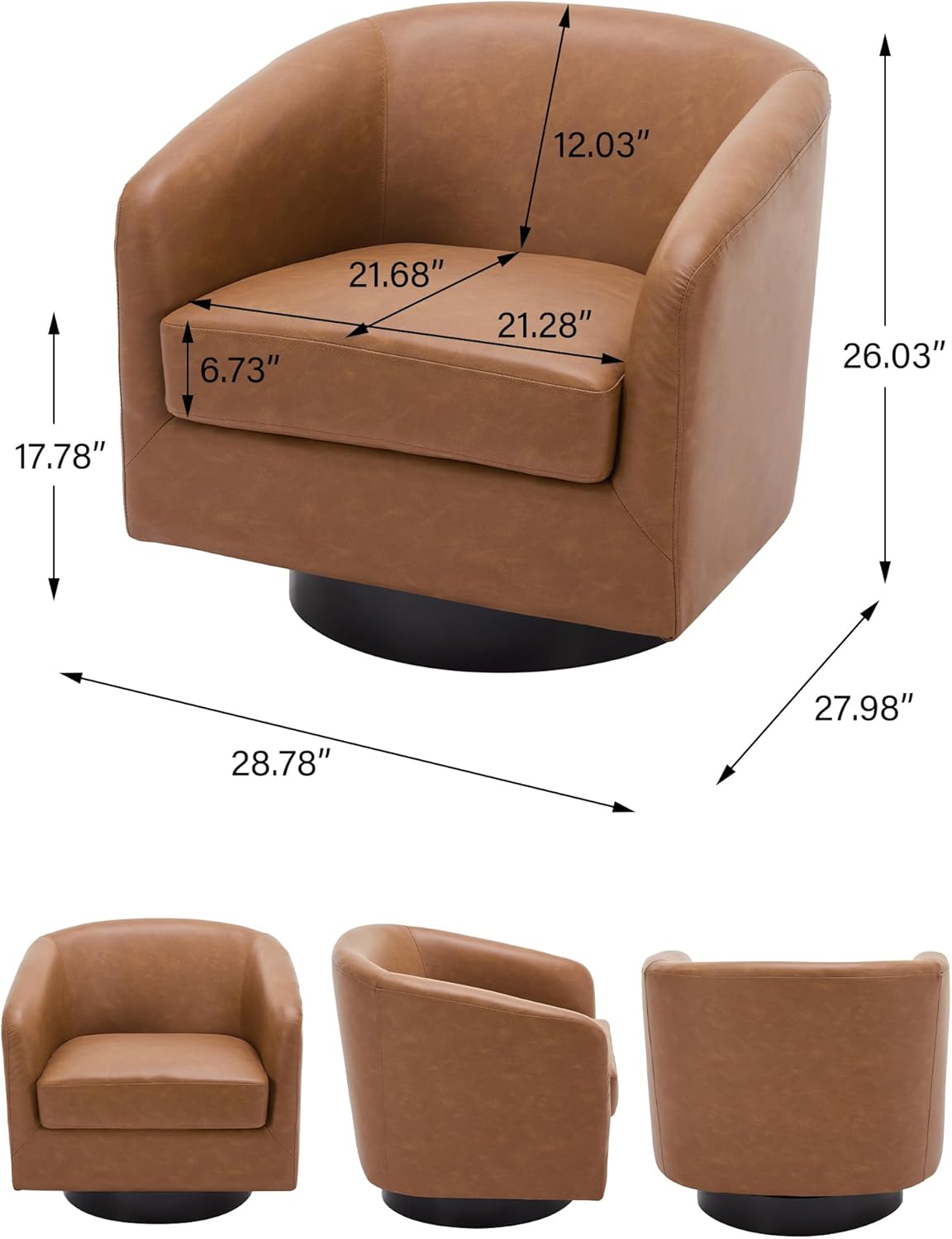 Swivel Barrel Accent Chair, Modern Round Faux Leather Arm Chair for Living Room, Bedroom, Comfy Club Reading Chairs for Adults-Faux Leather, Brown, Set of 1